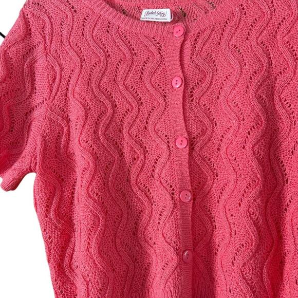 Title: Vintage Pink Knit Cardigan – Wavy Open-Knit Button-Up Retro Sweater - Picture 4 of 6